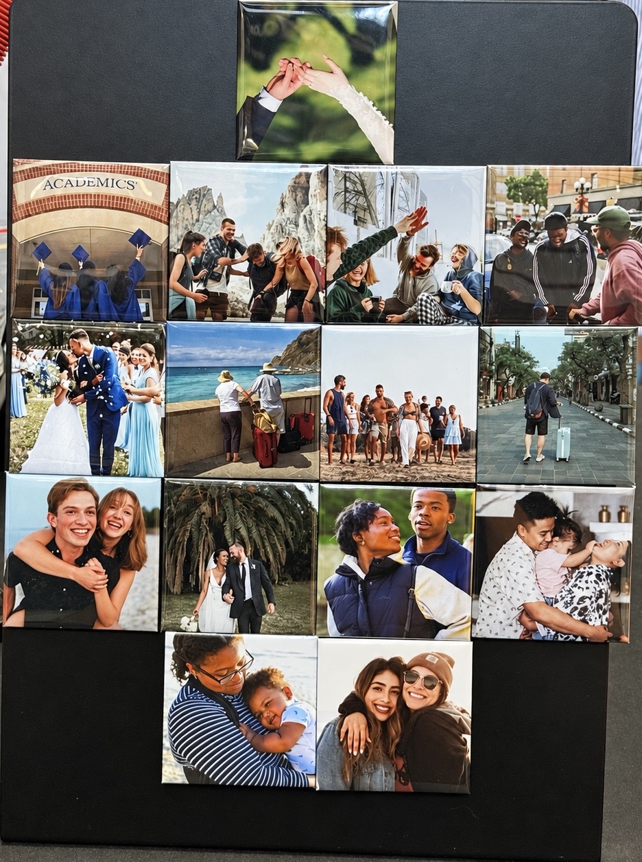 Custom photo magnets of weddings, graduations and friends arranged on a board