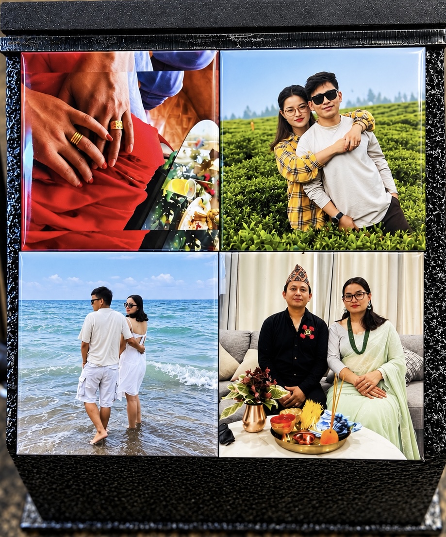 Four finished photo magnets of couples and weddings arranged in a square
