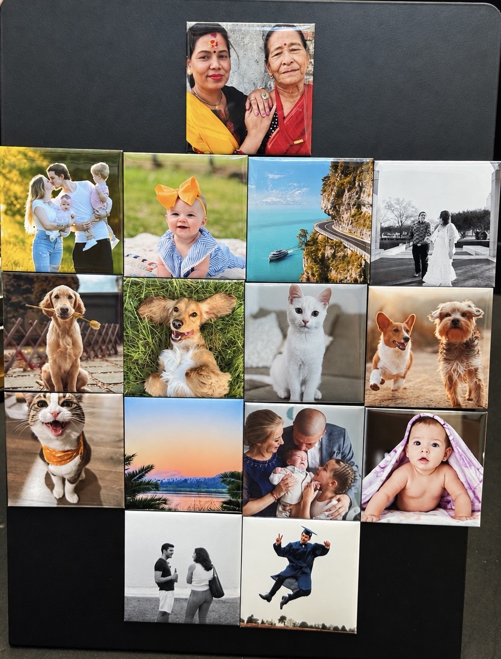 Custom 2.5 inch photo magnets of families, pets and travel arranged on a board