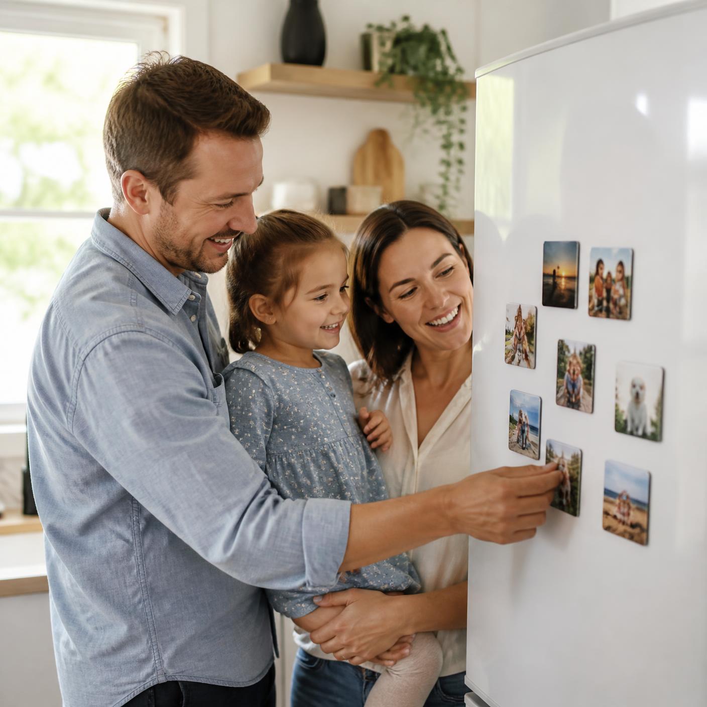 Happy family arranging custom photo magnets on their fridge